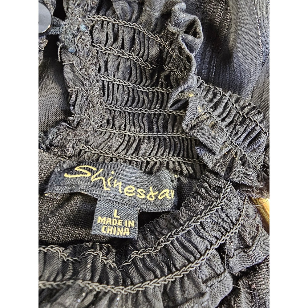 Shinestar Black Shimmer Striped Smocked High Neck Blouse Large Flutter Sleeve - Picture 7 of 8